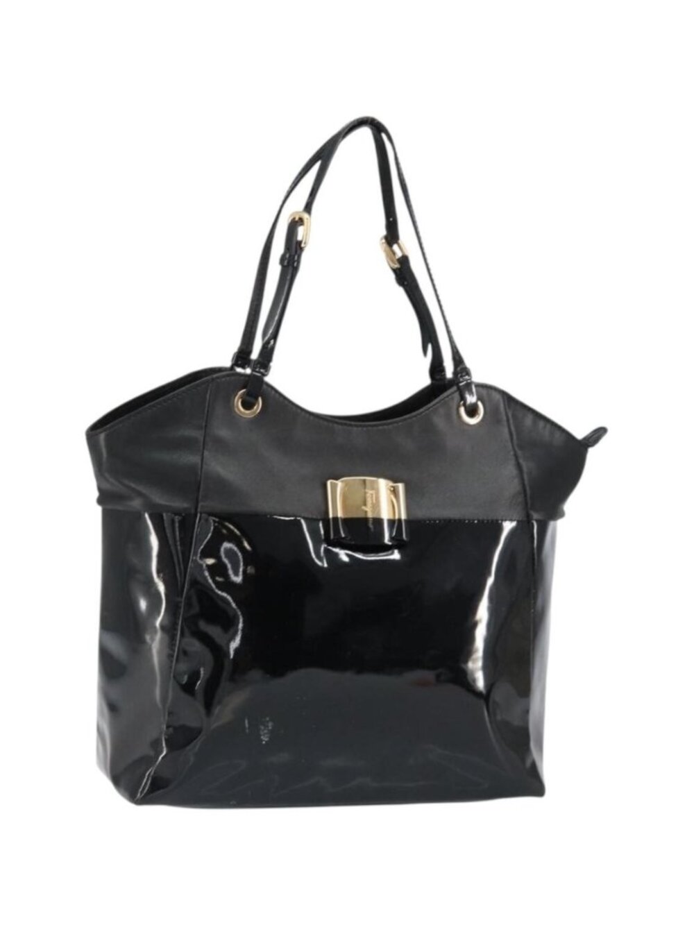 Salvatore Ferragamo Vala Tote Bag Enamel Leather Black Gold